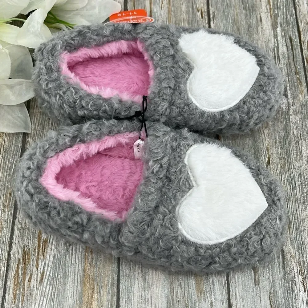 Toddler Girls Sherpa Faux Fur Fuzzy Heart Slippers Shoes Size 11/12